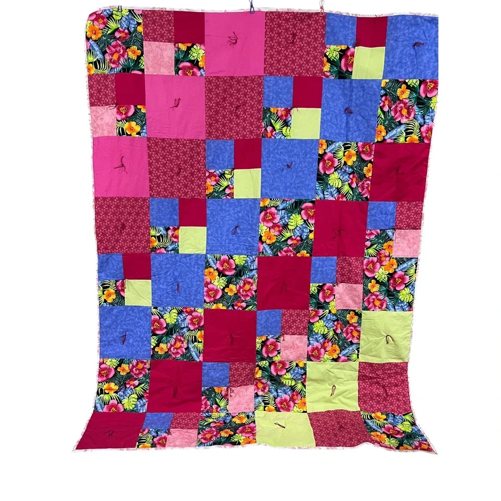 Handmade Reversible Tropical Patchwork Twin Quilt 58x74 Shabby Chic Reverse Side